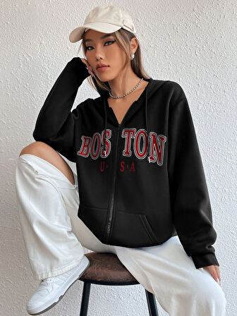 Unisex Bej Boston Baskı Kapüşonlu Hırka
