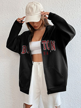 Unisex Bej Boston Baskı Kapüşonlu Hırka