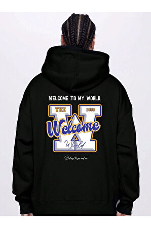 Erkek Siyah Sırt Welcome Baskılı Kapüşonlu Sweatshirt