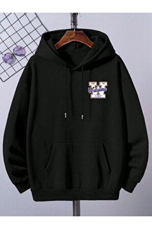 Erkek Siyah Sırt Welcome Baskılı Kapüşonlu Sweatshirt