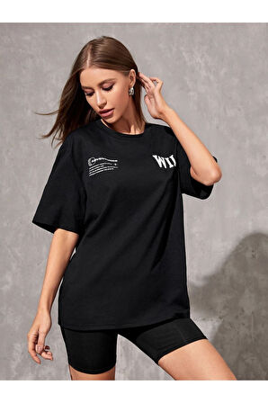 Unisex Siyah Wild Göğüs Baskılı Oversize Tshirt