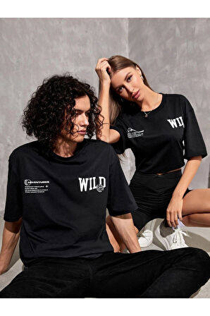 Unisex Siyah Wild Göğüs Baskılı Oversize Tshirt