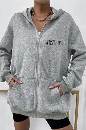 Unisex Gri Wrst Sırt Baskılı Ince Mevsimlik Kapşonlu Oversize Hırka