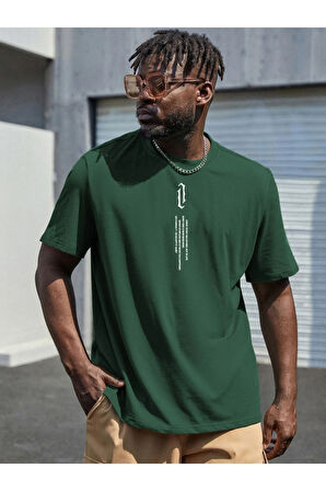 Erkek Göğüs Dikey Baskılı Oversize T-shirt
