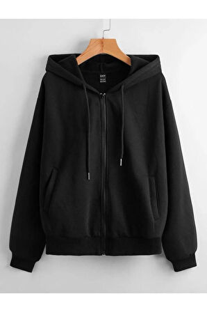 Unisex Siyah Yuvarlak Sırt Baskılı Ince Mevsimlik Kapşonlu Oversize Hırka