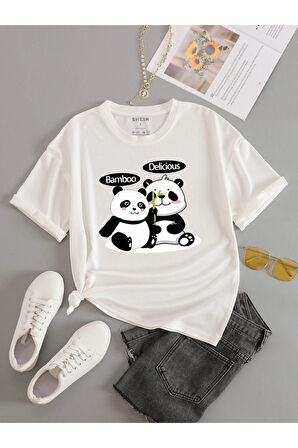 Unisex Beyaz Bamboo Panda Baskılı Oversize Bisiklet Yaka T-Shirt