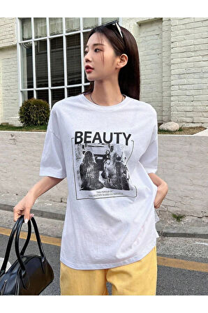 Unisex Beyaz Beauty Baskılı Oversize Bisiklet Yaka T-shirt