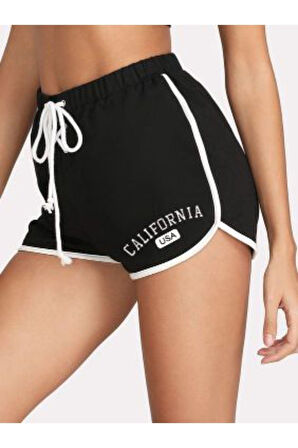 Kadın Siyah California Baskılı Biye Detayli Mini Şort