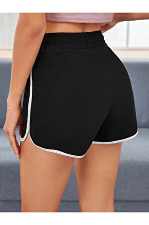 Kadın Siyah California Baskılı Biye Detayli Mini Şort