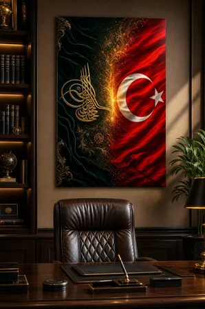 Osmanlı Tuğrası Türk Bayrağı Baskılı Cam Tablo – UV Baskı Dekoratif Duvar Tablosu