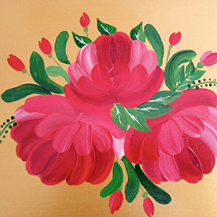 Altın Varaklı El Boyaması Gül Desenli Ahşap Nişan/Sunum Tepsisi (38x23 cm)