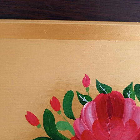 Altın Varaklı El Boyaması Gül Desenli Ahşap Nişan/Sunum Tepsisi (38x23 cm)