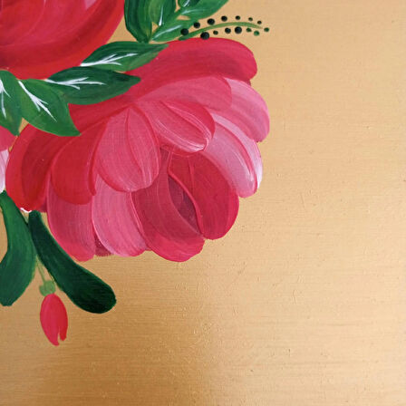 Altın Varaklı El Boyaması Gül Desenli Ahşap Nişan/Sunum Tepsisi (38x23 cm)