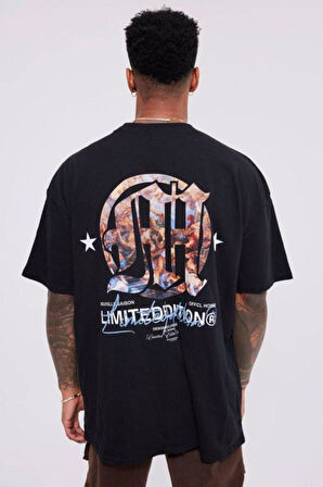 Unisex Siyah Limited Edition Sırt Baskılı Bisiklet Yaka Oversize T-shirt