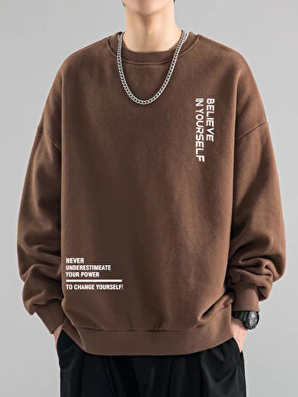 Erkek Believe Baskılı Oversize Bisiklet Yaka Sweatshirt