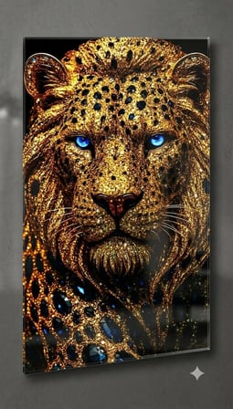 4mm Tamperli Uv Baskı Uhd Çözünürlü Gerçek Cam Tablo Ev Ofis Duvar Dekor Hediyelik Tablo Premium Marka Sağlam Canlı Deluxe Kalite Tablo altın aslan taşlı 