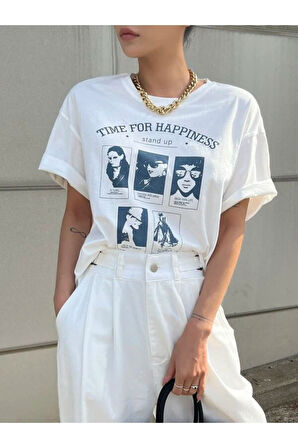 Unisex Beyaz Time For Happiness Baskılı Bisiklet Yaka Oversize T-shirt