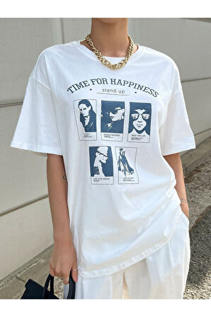 Unisex Beyaz Time For Happiness Baskılı Bisiklet Yaka Oversize T-shirt