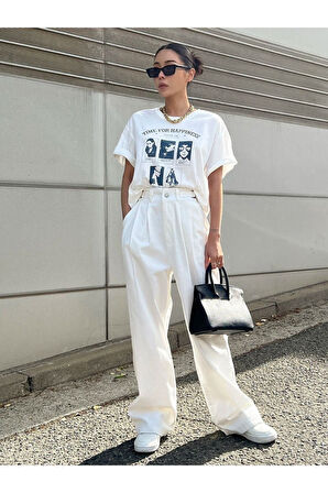 Unisex Beyaz Time For Happiness Baskılı Bisiklet Yaka Oversize T-shirt