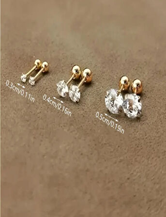 Altın Kaplama Taşlı Minimalist Küpe Seti (3 Çift) – 0.3 cm / 0.4 cm / 0.5 cm