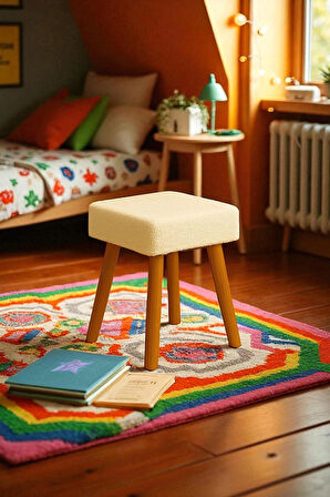 ALVIA Modern Ahşap Ayaklı Teddy Peluş Kare Bench Puf – Dekoratif Tabure