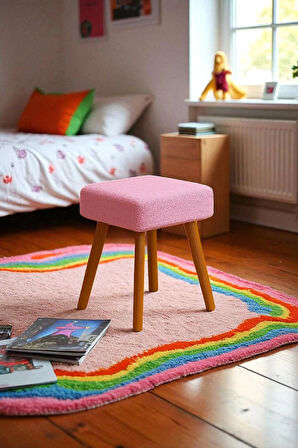 ALVIA Modern Ahşap Ayaklı Teddy Peluş Kare Bench Puf – Dekoratif Tabure