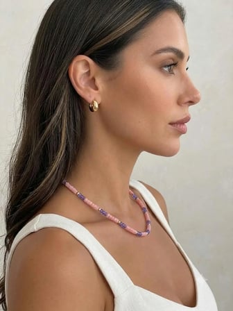 Ametist Minimal Kolye, Pembe Sedef ve Ametist Taş kolye, Zarif Pembe Kolye, Doğal Taş Kadın Kolye, Amestist Taş Kolye