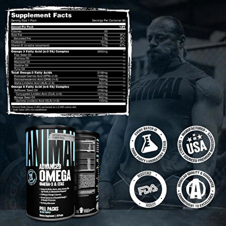 Animal Advanced Omega Essential Fatty Acids - High Potency 3500mg Omega 3 & Omega 6 Supplement with EPA, DHA, ALA, CLA, GLA for Heart, Brain, Joint, Skin, Eye, Metabolism, Immune Health - 30 Day Pack