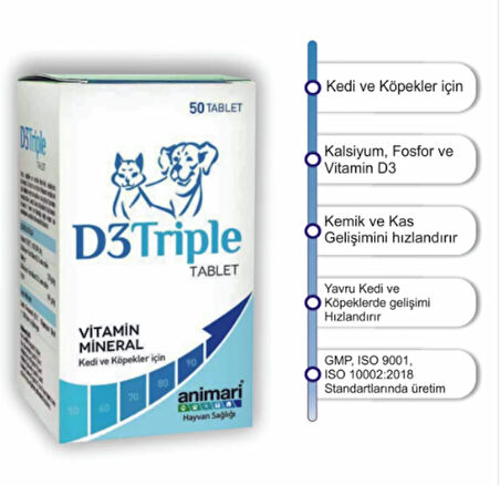 Animari D3 Triple 50 Tablet Kedi ve Köpekler için Vitamin D3, Kalsiyum ve Fosfor