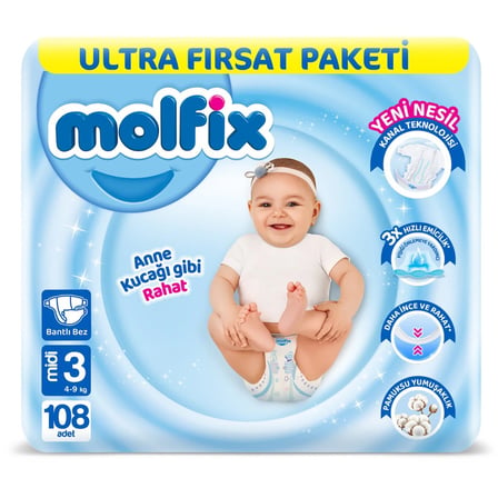 Bebek Bezi Ultra Fırsat Paketi 3 Beden 4-9 Kg 108 Adet