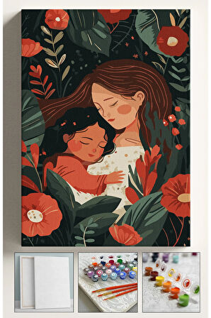 Sayılarla Boyama Çerçeveli Hobi Seti Numaralı Tuval Fırça Boya Kasnaklı 40X50Cm Anne Kız Sevgi