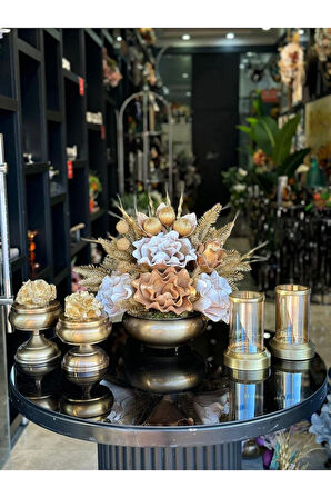 Yapay Çiçekli Antik Yassı Vazo 5 Parça Set No:5