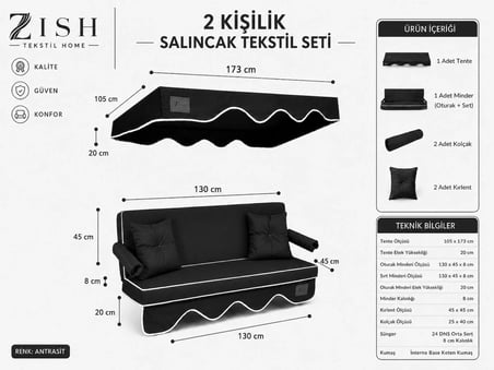antrasit Keten Kumaş Süngerli Gölgelikli 130x45x8 cm 2 Kişilik Salıncak Minderi