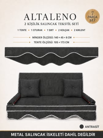 Zish Home ALTALENO Antrasit 2 Kişilik 140×45 cm Süngerli Bahçe Balkon Salıncak Minderi | Yıkanabilir Kılıflı, Tenteli Keten Kumaş Tekstil Seti | 24 DNS 8 cm Orta Sert Sünger