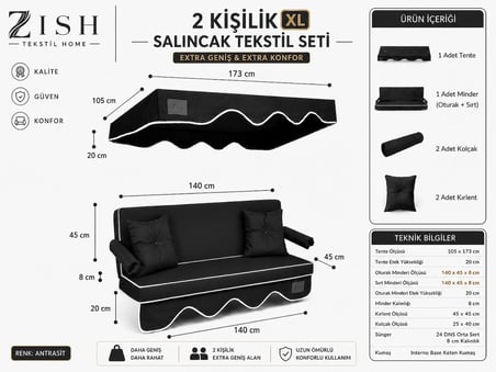Zish Home ALTALENO Antrasit 2 Kişilik 140×45 cm Süngerli Bahçe Balkon Salıncak Minderi | Yıkanabilir Kılıflı, Tenteli Keten Kumaş Tekstil Seti | 24 DNS 8 cm Orta Sert Sünger