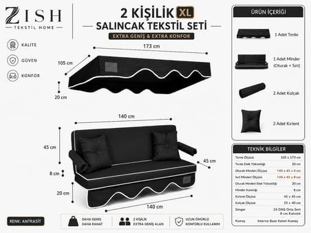 antrasit Keten Kumaş Süngerli Gölgelikli 140x45x8 cm 2 Kişilik Salıncak Minderi