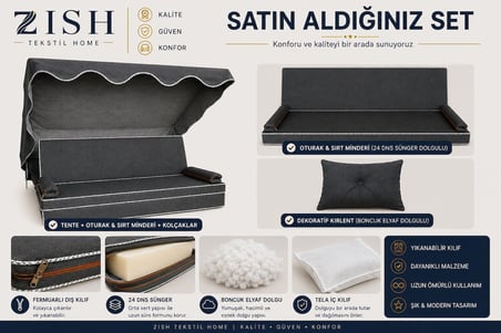 antrasit Keten Kumaş Süngerli Gölgelikli 140x45x8 cm 2 Kişilik Salıncak Minderi