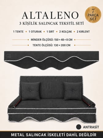 Zish Home ALTALENO Antrasit 3 Kişilik 150×48 cm Süngerli Bahçe Balkon Salıncak Minderi | Yıkanabilir Kılıflı, Tenteli Keten Kumaş Tekstil Seti | 24 DNS 8 cm Orta Sert Sünger