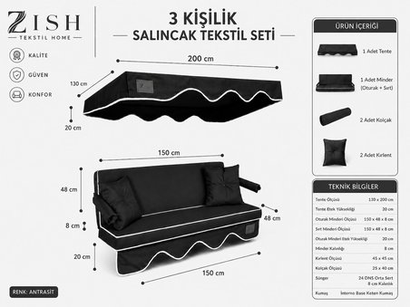 Keten Kumaş Süngerli Gölgelikli 150x48x8 cm 3 Kişilik Salıncak Minderi