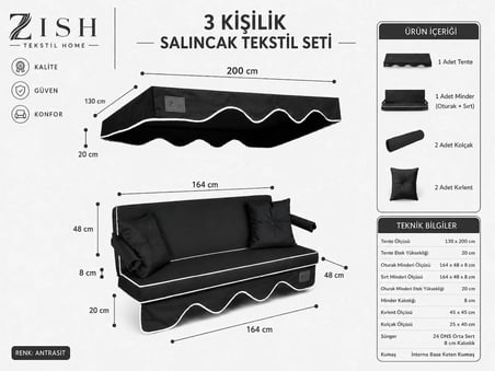 Zish Home ALTALENO Antrasit 2 Kişilik 140×45 cm Süngerli Bahçe Balkon Salıncak Minderi | Yıkanabilir Kılıflı, Tenteli Keten Kumaş Tekstil Seti | 24 DNS 8 cm Orta Sert Sünger