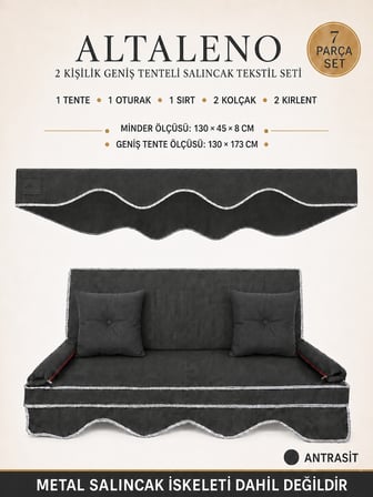 Zish Home ALTALENO Antrasit 2 Kişilik 130×45 cm Geniş Tenteli Süngerli Bahçe Balkon Salıncak Minderi | Yıkanabilir Kılıflı Keten Kumaş Tekstil Seti | 24 DNS 8 cm Orta Sert Sünger
