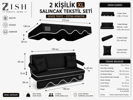Zish Home ALTALENO Antrasit 2 Kişilik 130×45 cm Geniş Tenteli Süngerli Bahçe Balkon Salıncak Minderi | Yıkanabilir Kılıflı Keten Kumaş Tekstil Seti | 24 DNS 8 cm Orta Sert Sünger