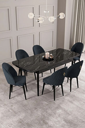 Arya Siyah Mermer Desen 80x132 MDF Açılabilir Mutfak Masası Takımı 6  Sandalye
