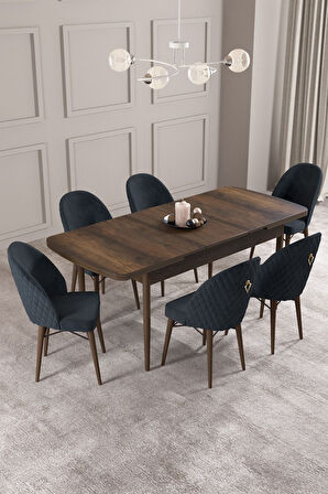 Calvin Barok Desen 80x132 Açılabilir Mdf Masa Yemek Odası Takımı, Mutfak Takımı 6 Adet Sandalye