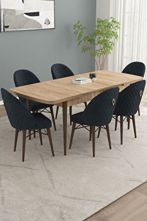 Calvin Meşe Desen 80x132 Açılabilir Mdf Masa Yemek Odası Takımı, Mutfak Takımı 6 Adet Sandalye