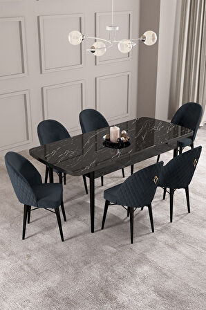 ​​​​​​​Calvin Siyah Mermer Desen 80x132 Açılabilir Mdf Masa Yemek Odası Takımı, Mutfak Takımı 6 Adet