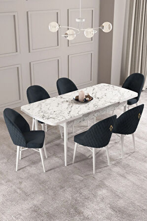 Calvin Beyaz Mermer Desen 80x132 MDF Açılabilir Mutfak Masası Takımı 6  Sandalye