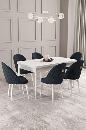 Calvin Beyaz 80x132 MDF Açılabilir Mutfak Masası Takımı 6  Sandalye