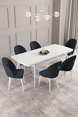 Calvin Beyaz 80x132 MDF Açılabilir Mutfak Masası Takımı 6  Sandalye