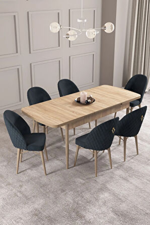 Calvin Meşe Desen 80x132 MDF Açılabilir Mutfak Masası Takımı 6  Sandalye